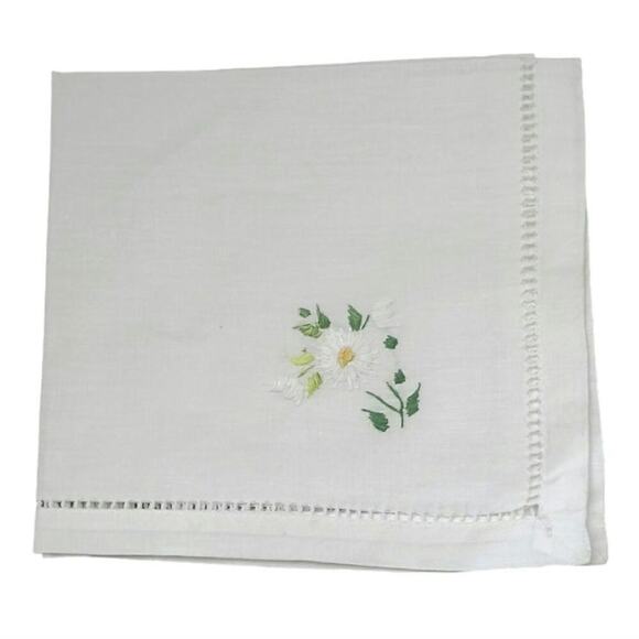 Linen handkerchief with Daisy  Embroidery White 13" - Picture 1 of 4
